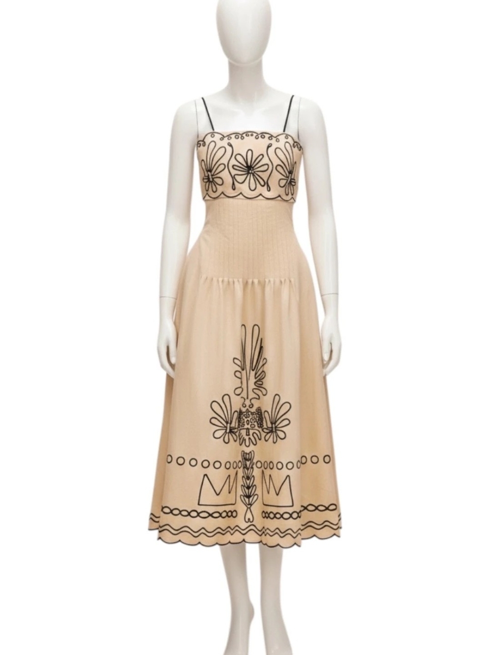 Beige Midi Linnen Dress with Black Floral Embroidered Bodice